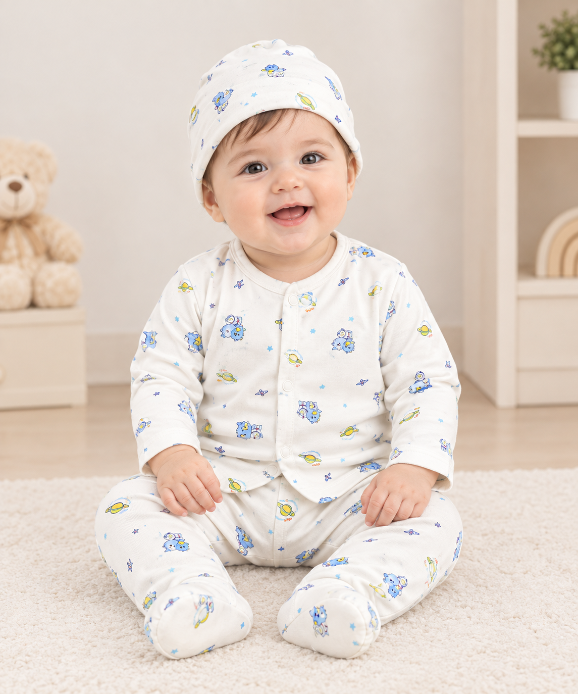 A smiling baby sitting on a white carpet wearing a matching footed sleeper outfit and bonnet with a blue and green cartoon animal print on a white background.
