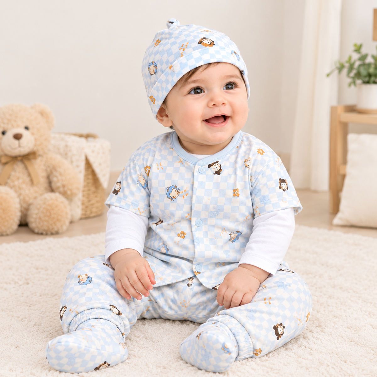A smiling baby sitting on a white rug wearing a light blue and white checkered footed romper with small teddy bear prints, a matching beanie, and white long sleeves underneath.
