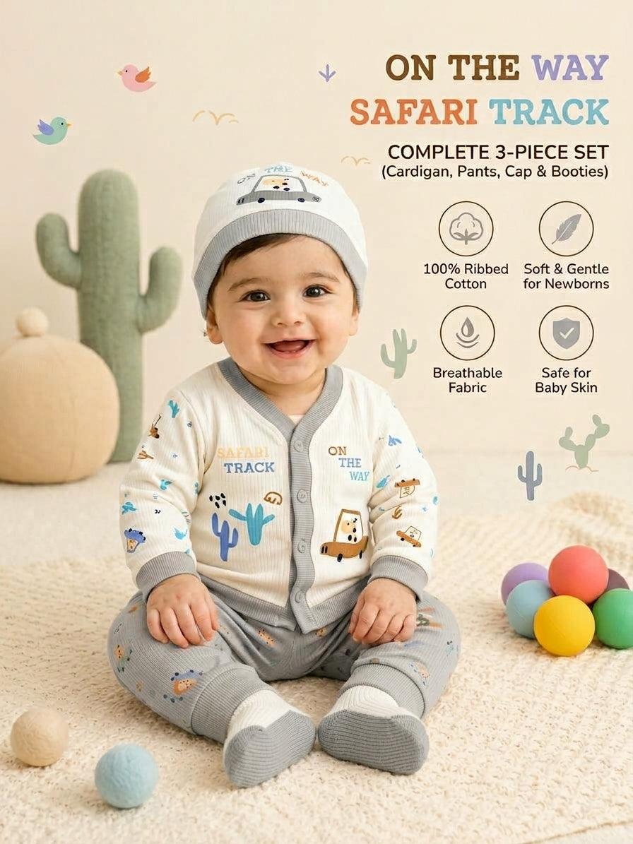 4-Piece Newborn Baby Ribbed Cotton Set, Safari Car Top, Joggers, Cap & Booties