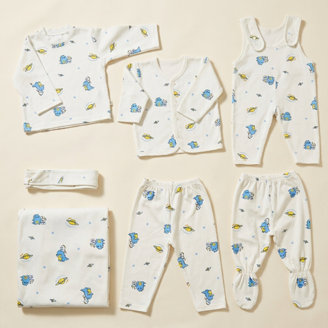 Newborn Baby 7-Piece Cotton Jersey Set – Space Print Shirt, Pants & Cap