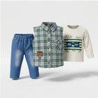 Baby 3-Piece Shirt Set – Blue Check Shirt, White Full-Sleeve Tee & Denim Jogger | 0–18M