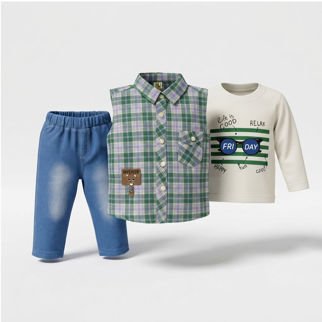 Baby 3-Piece Shirt Set – Blue Check Shirt, White Full-Sleeve Tee & Denim Jogger | 0–18M