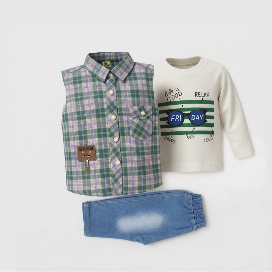 Baby 3-Piece Shirt Set – Blue Check Shirt, White Full-Sleeve Tee & Denim Jogger | 0–18M