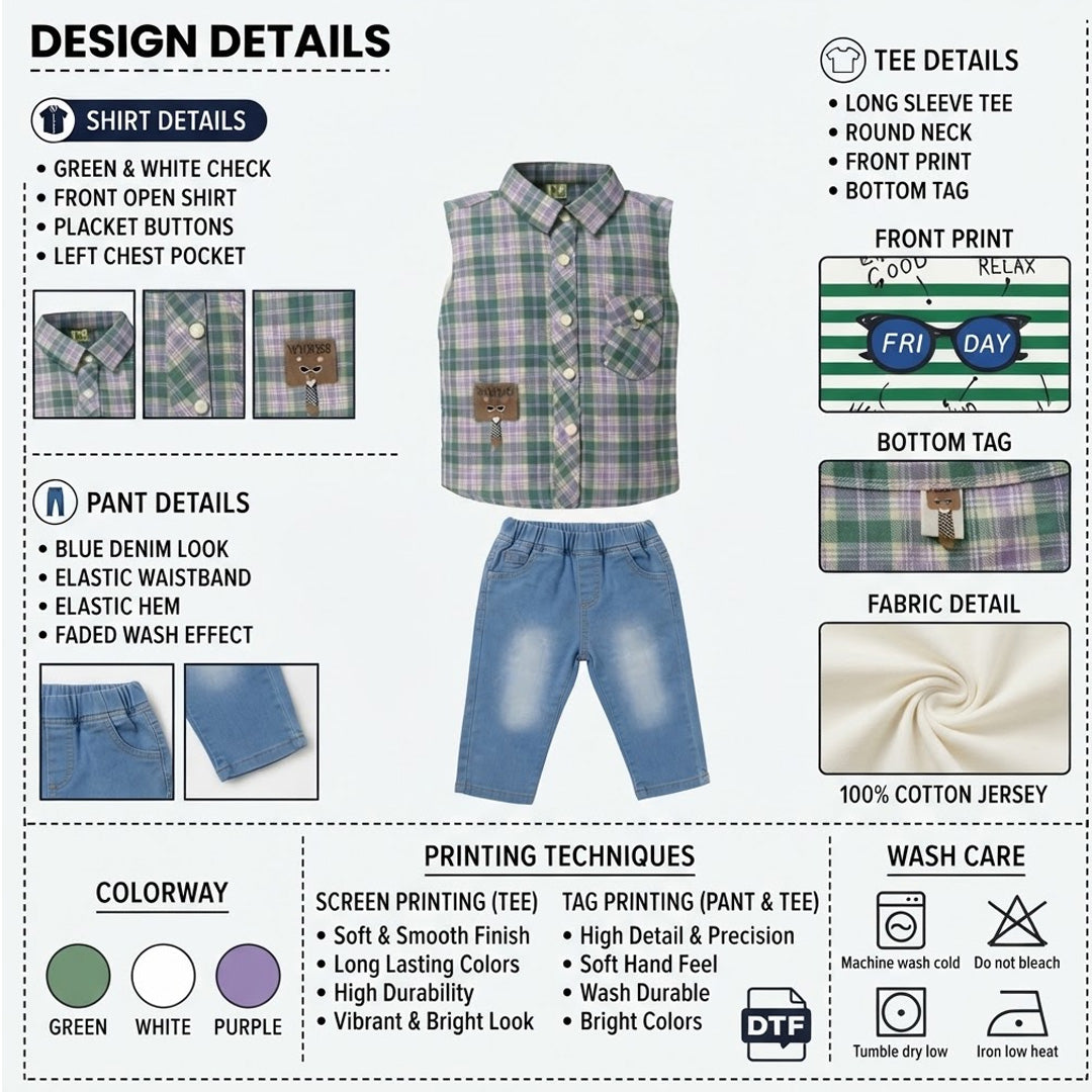 Baby 3-Piece Shirt Set – Blue Check Shirt, White Full-Sleeve Tee & Denim Jogger | 0–18M