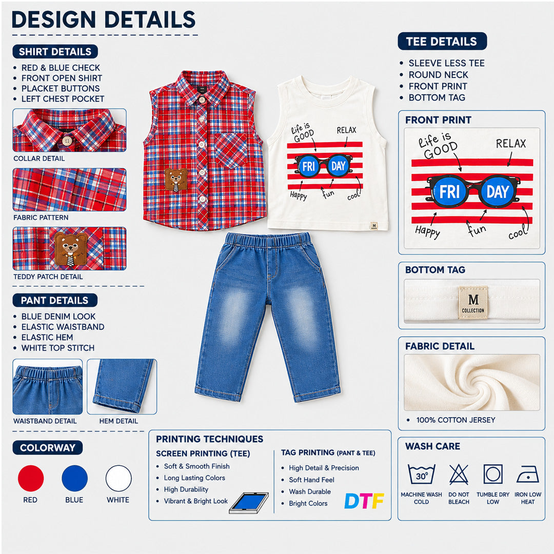 Baby 3-Piece Shirt Set – Blue Check Shirt, White Full-Sleeve Tee & Denim Jogger | 0–18M