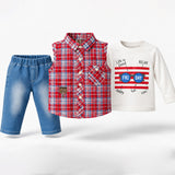 Baby Boys 3-Piece Check Shirt Set – Full-Sleeve Tee & Denim Jogger | 0–12 Months