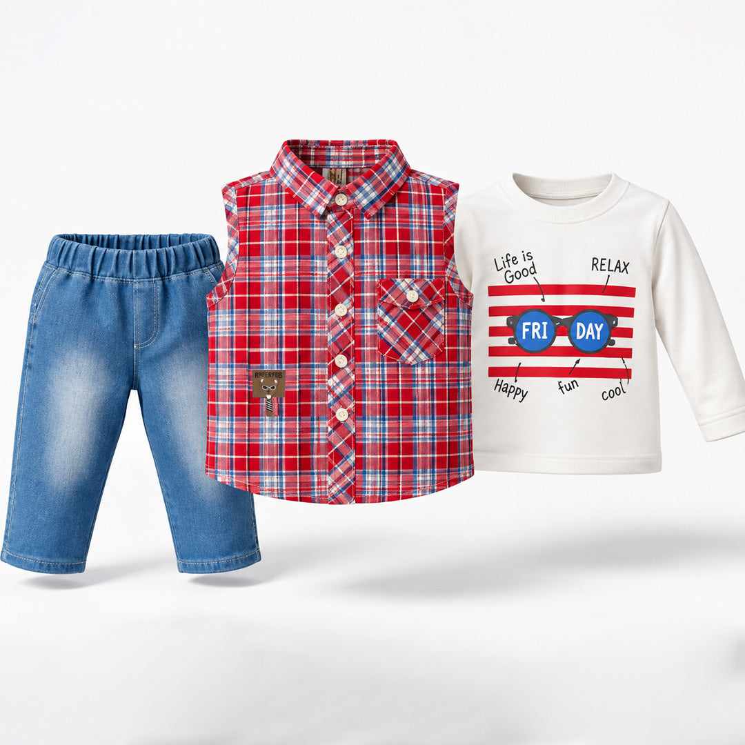 Baby 3-Piece Shirt Set – Blue Check Shirt, White Full-Sleeve Tee & Denim Jogger | 0–18M