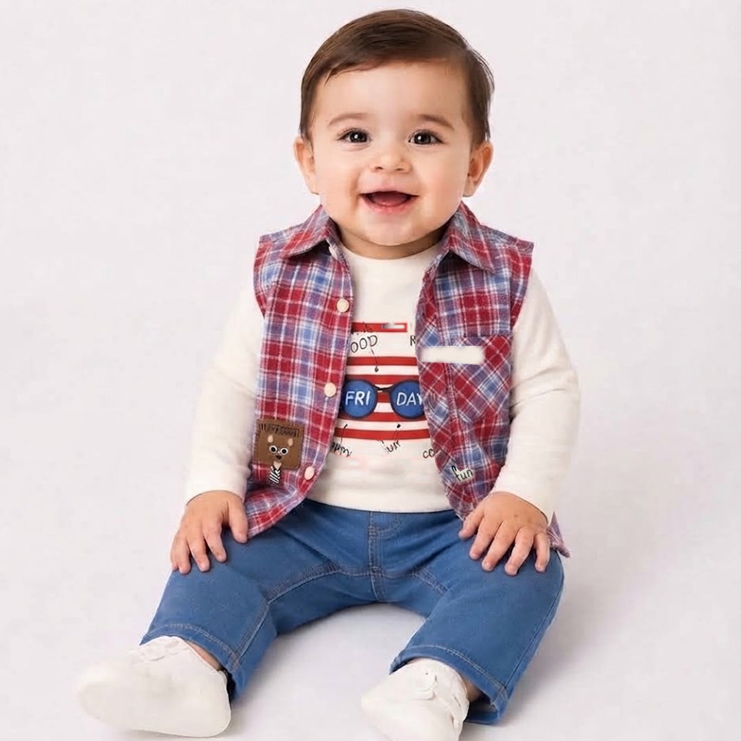 Baby 3-Piece Shirt Set – Blue Check Shirt, White Full-Sleeve Tee & Denim Jogger | 0–18M