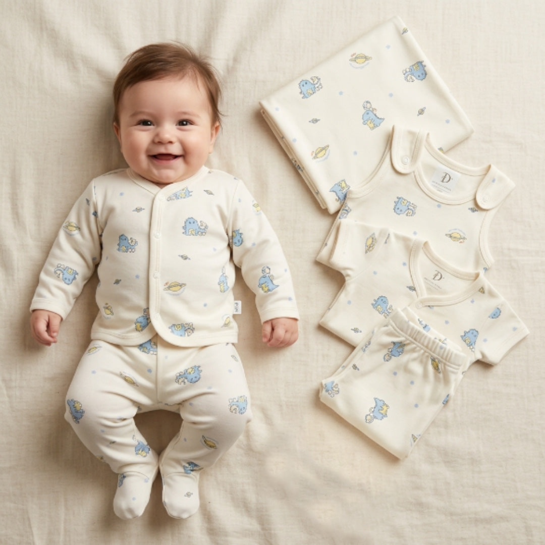 Newborn Baby 7-Piece Cotton Jersey Set – Space Print Shirt, Pants & Cap