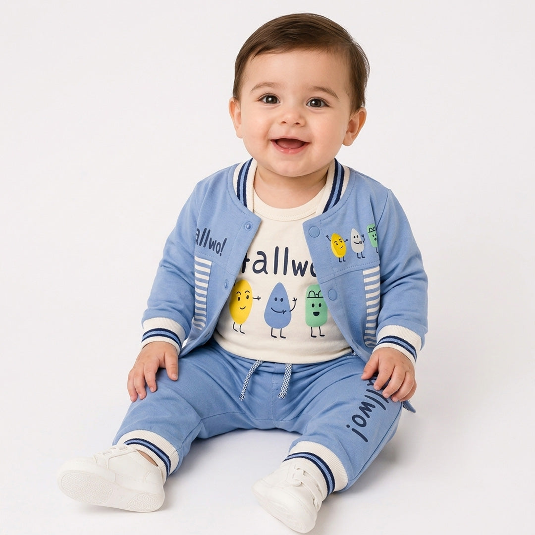 Baby Boys 100% Interlock Cotton 3-Piece Outfit Set – Blue Jacket, T-Shirt & Pants