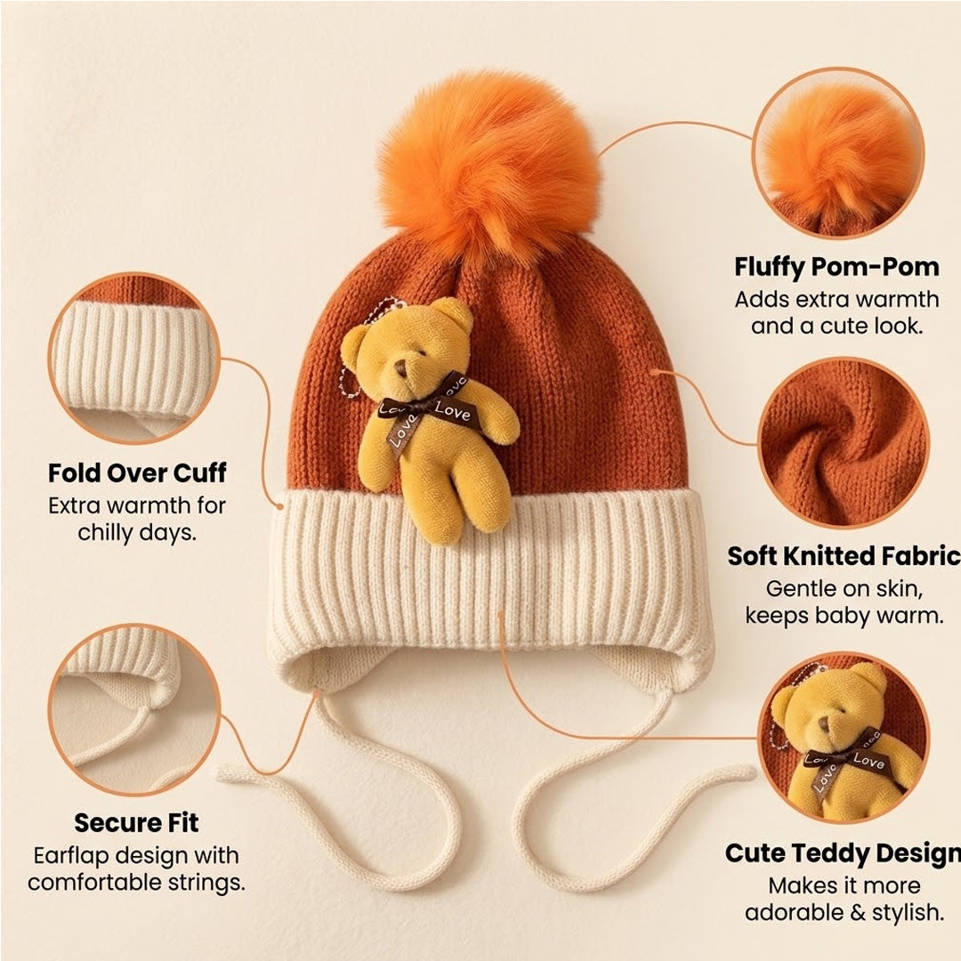 Baby Knitted Teddy Winter Cap with Pom-Pom