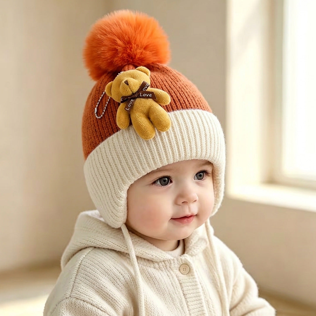 Baby Knitted Teddy Winter Cap with Pom-Pom