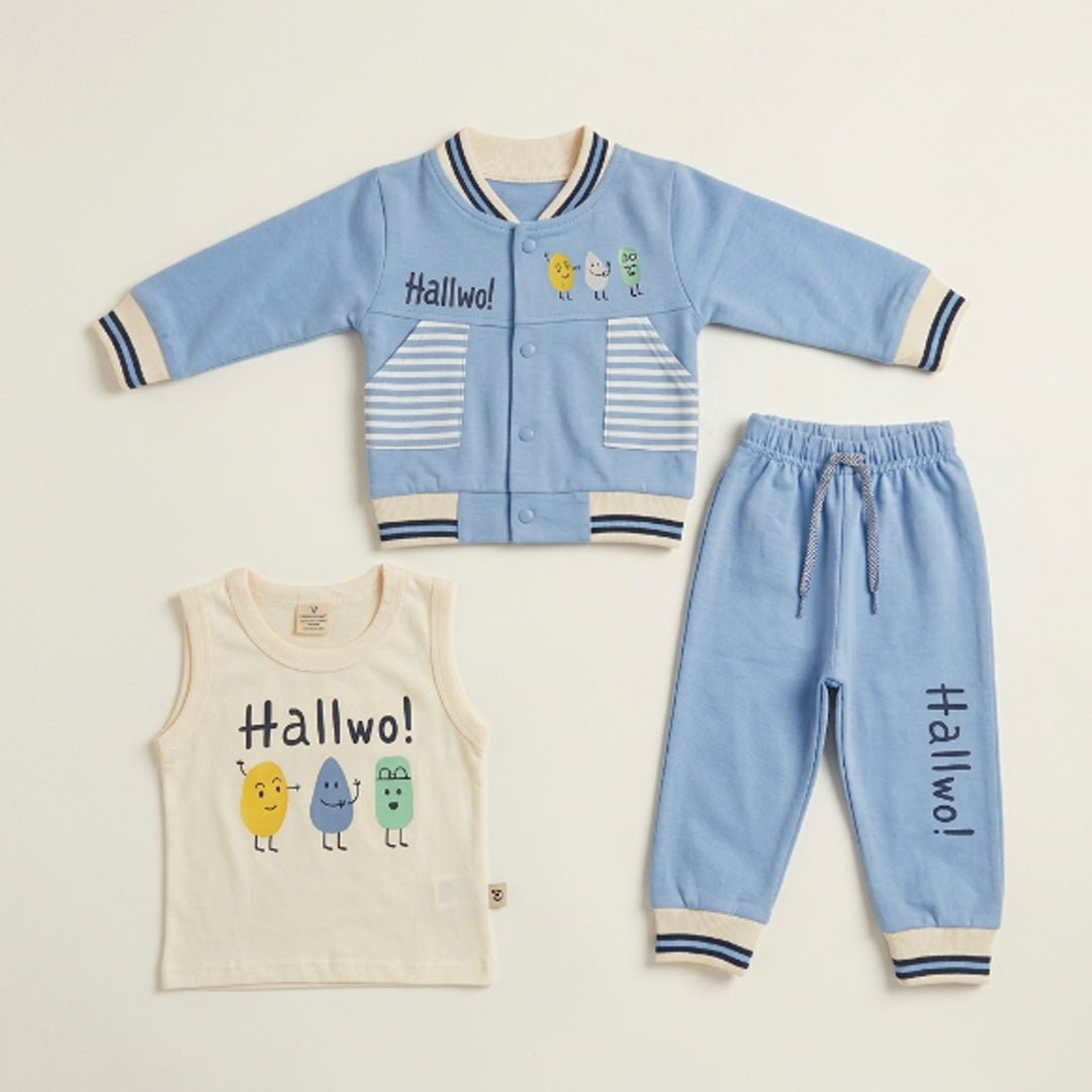 Baby Boys 100% Interlock Cotton 3-Piece Outfit Set – Blue Jacket, T-Shirt & Pants