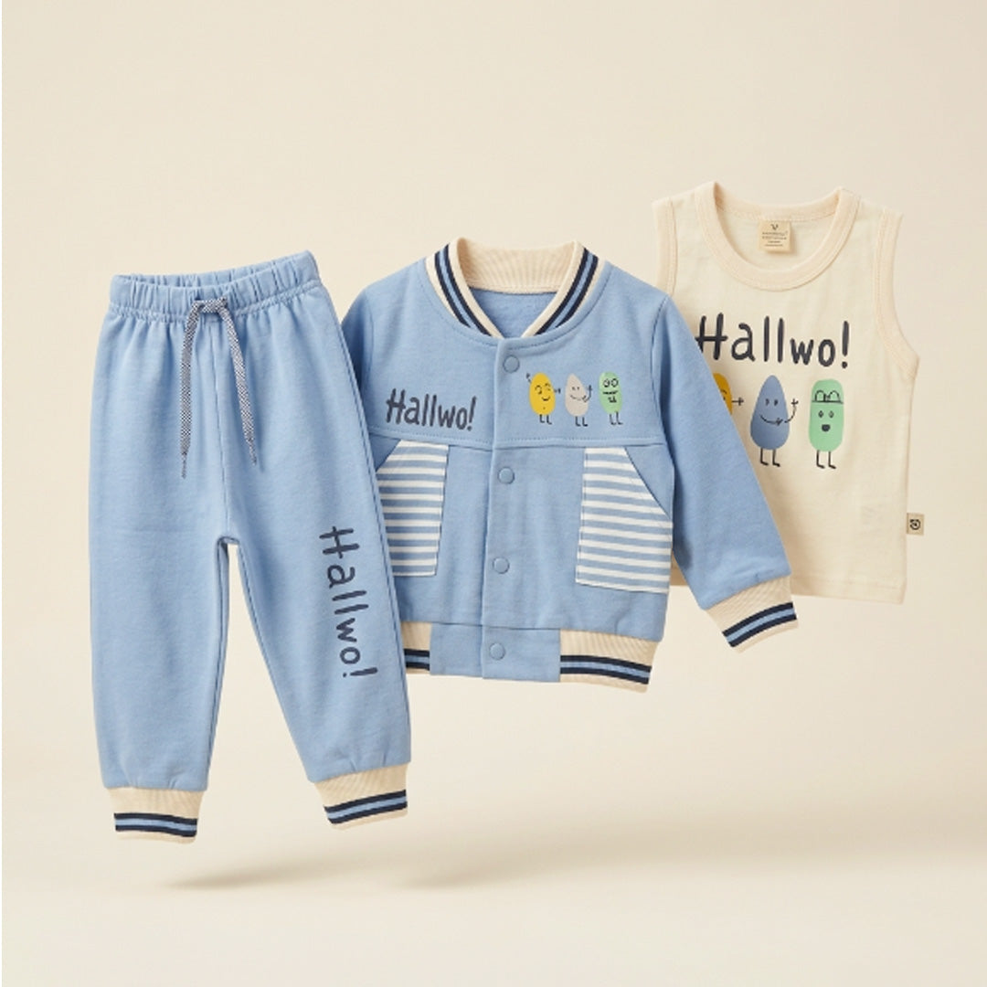 Baby Boys 100% Interlock Cotton 3-Piece Outfit Set – Blue Jacket, T-Shirt & Pants