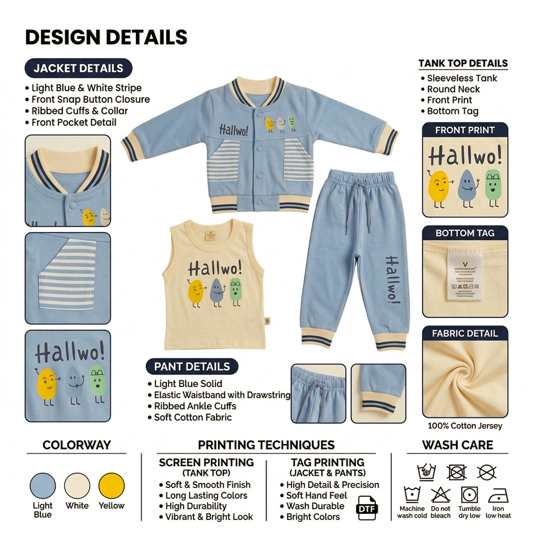 Baby Boys 100% Interlock Cotton 3-Piece Outfit Set – Blue Jacket, T-Shirt & Pants