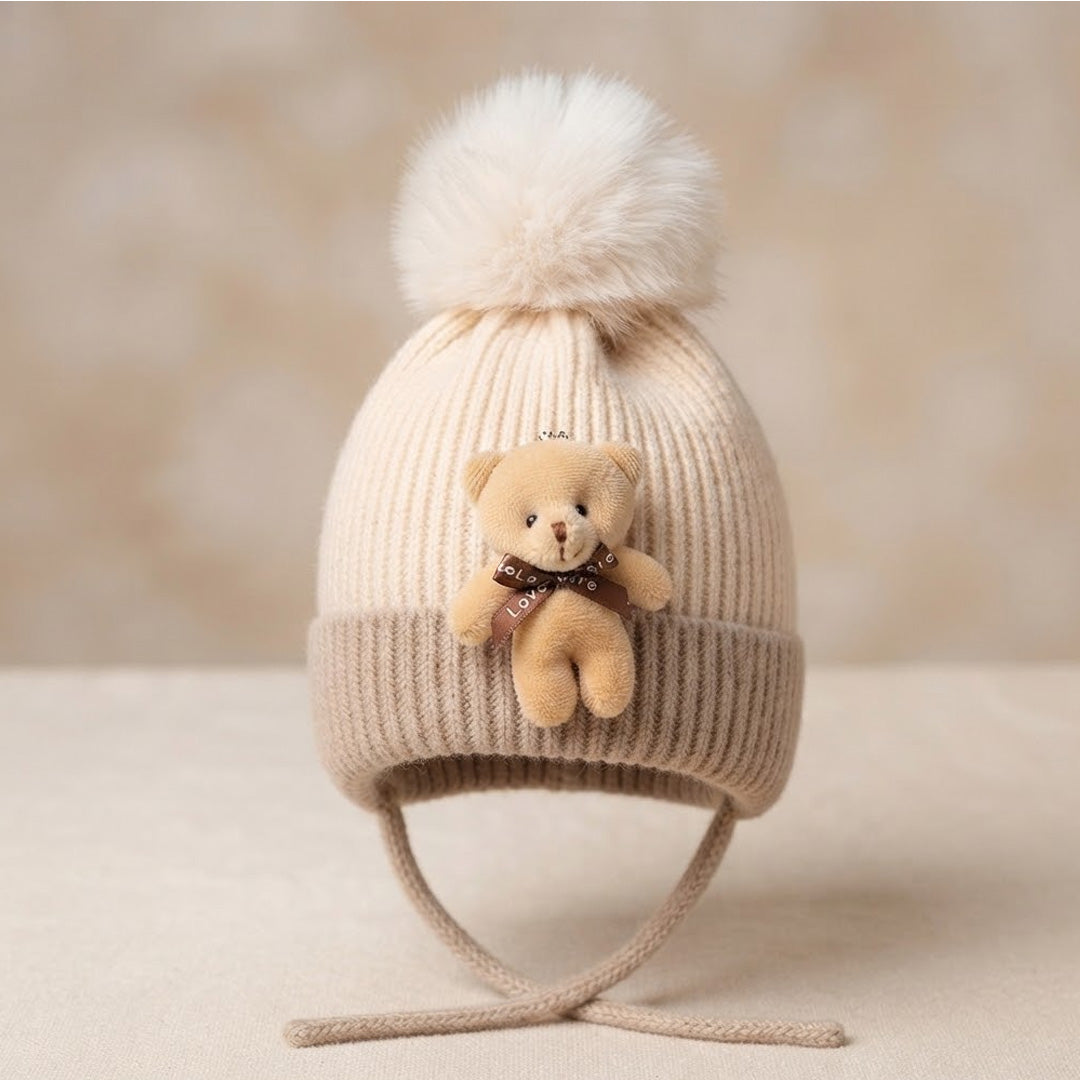 Baby Knitted Teddy Winter Cap with Pom-Pom
