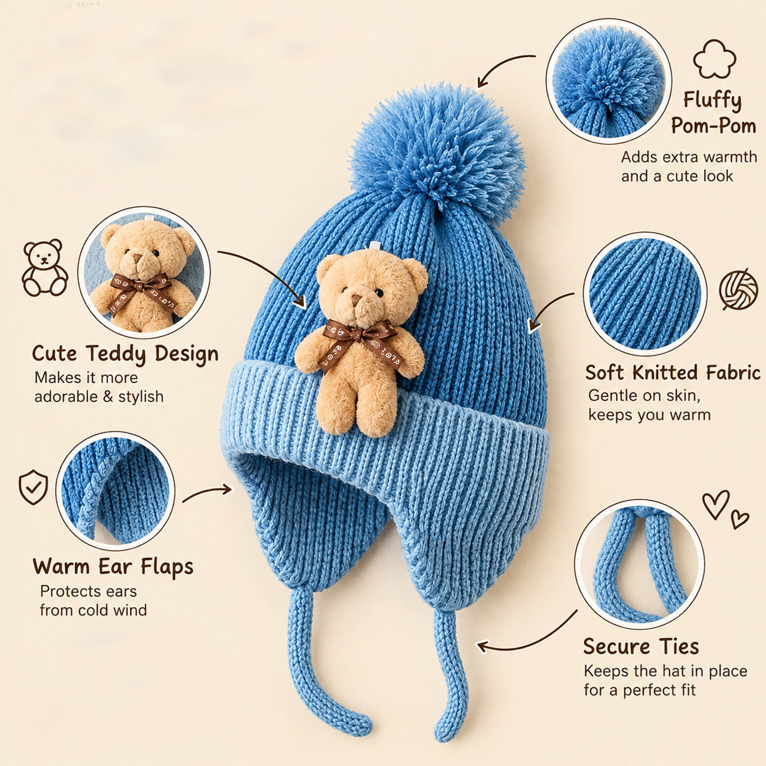 Baby Knitted Teddy Winter Cap with Pom-Pom