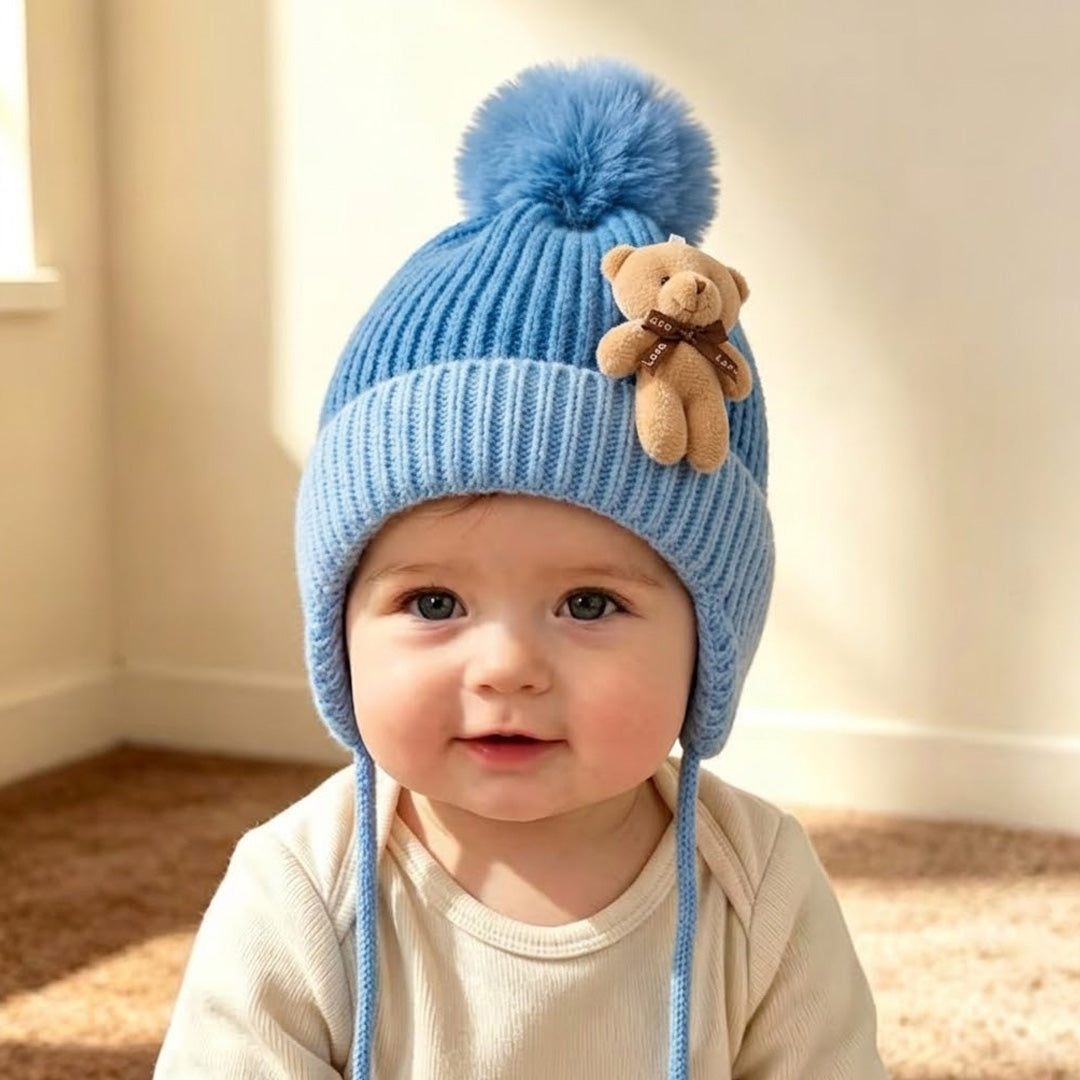 Baby Knitted Teddy Winter Cap with Pom-Pom