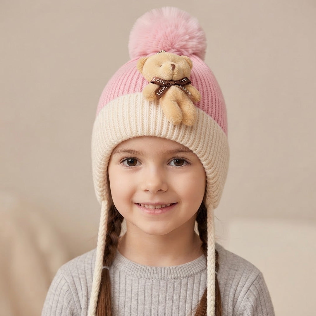 Baby Knitted Teddy Winter Cap with Pom-Pom