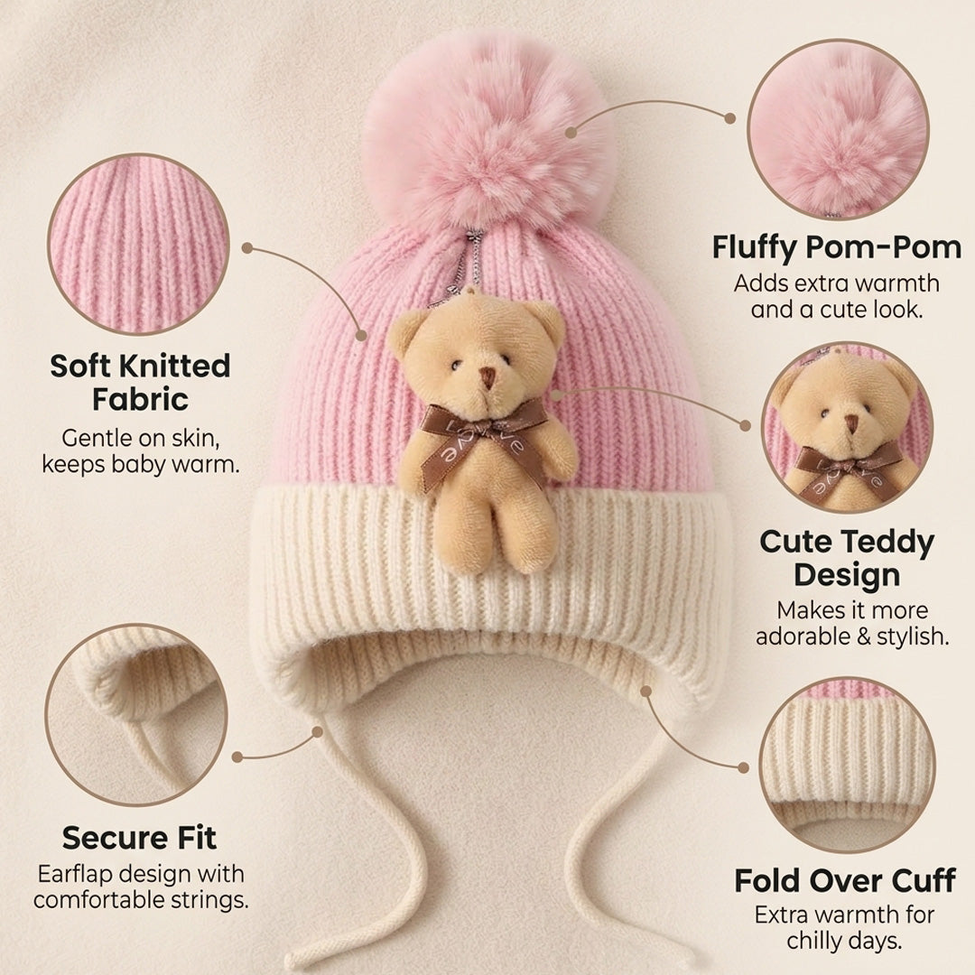 Baby Knitted Teddy Winter Cap with Pom-Pom