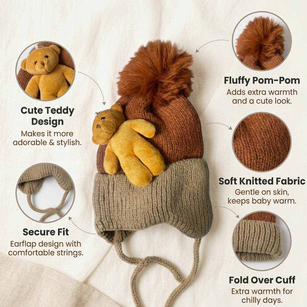 Baby Knitted Teddy Winter Cap with Pom-Pom