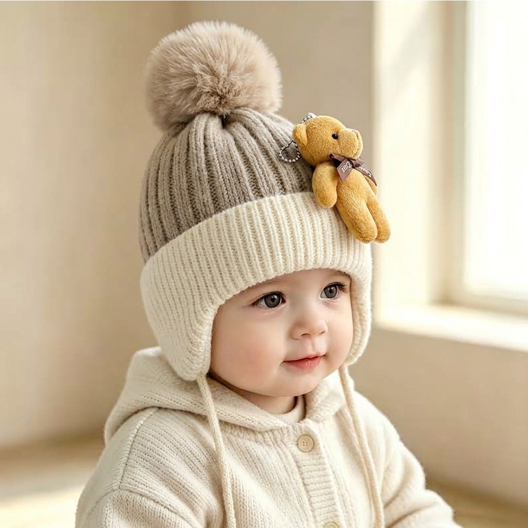 Baby Knitted Teddy Winter Cap with Pom-Pom
