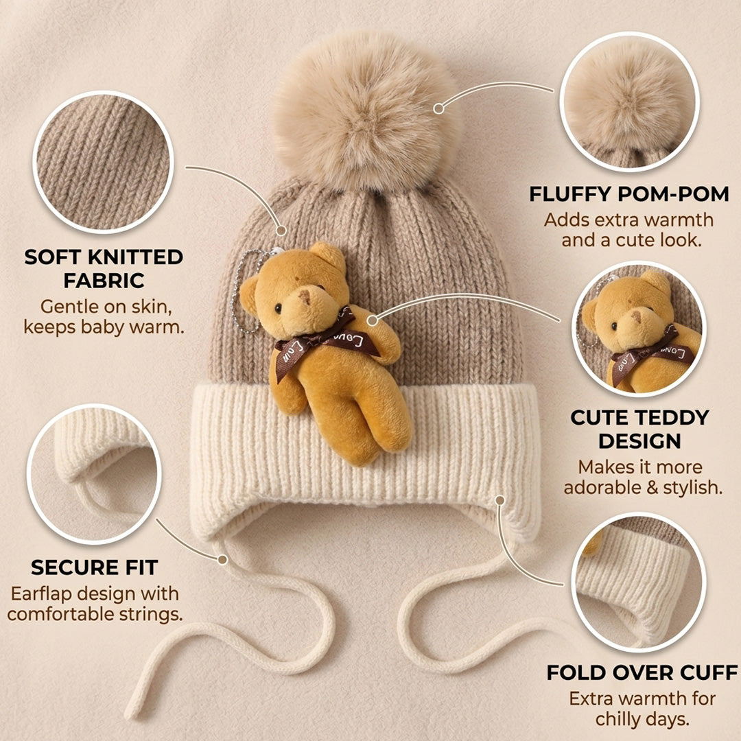 Baby Knitted Teddy Winter Cap with Pom-Pom