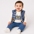 Baby 3-piece waistcoat set with check cotton waistcoat, white cotton tee and light blue denim jogger for 0–18 months