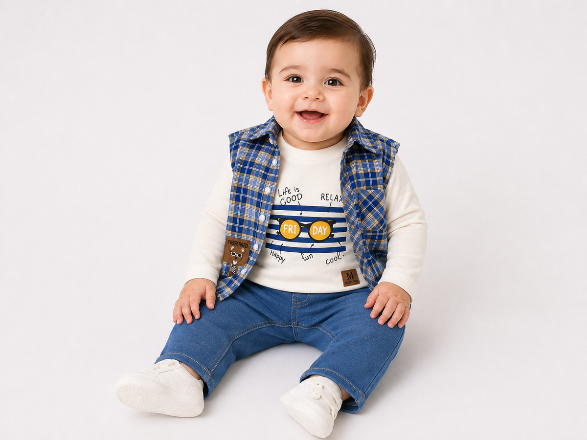 Baby 3-piece waistcoat set with check cotton waistcoat, white cotton tee and light blue denim jogger for 0–18 months