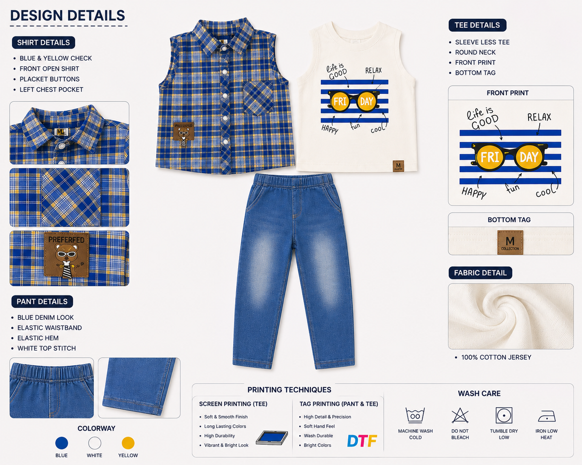 Baby 3-Piece Shirt Set – Blue Check Shirt, White Full-Sleeve Tee & Denim Jogger | 0–18M