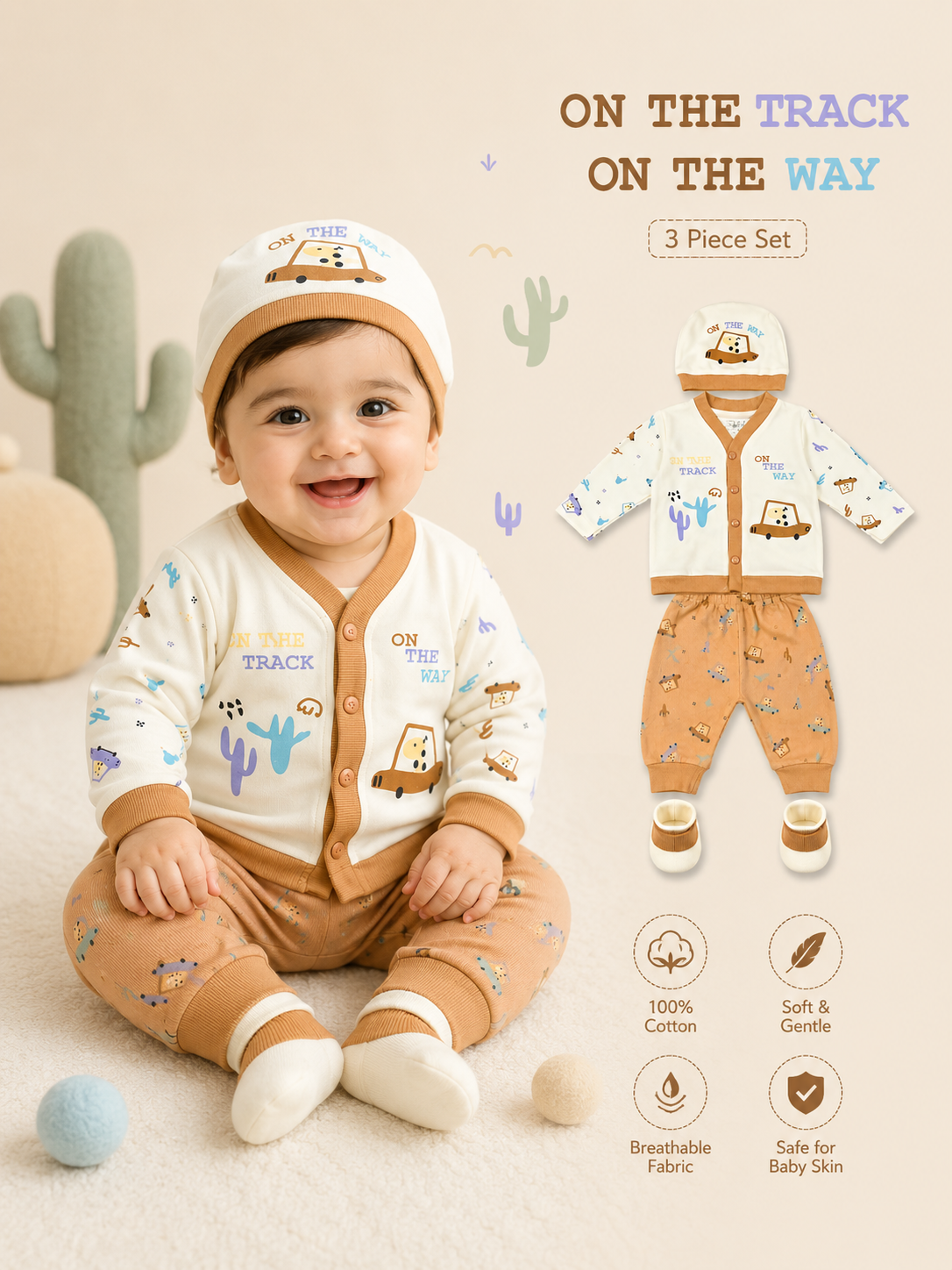4-Piece Newborn Baby Ribbed Cotton Set, Safari Car Top, Joggers, Cap & Booties