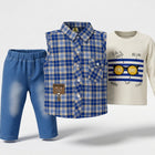 Baby 3-Piece Shirt Set – Blue Check Shirt, White Full-Sleeve Tee & Denim Jogger | 0–18M