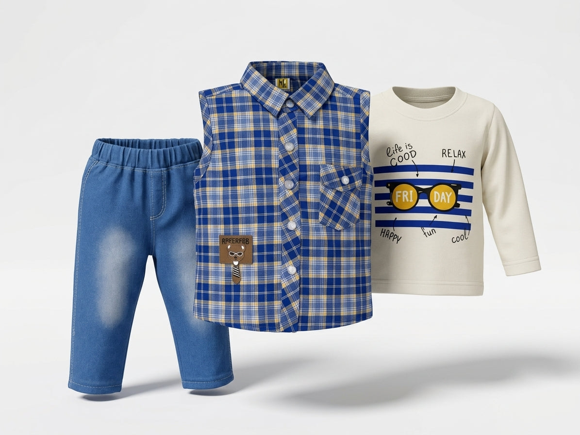 Baby 3-Piece Shirt Set – Blue Check Shirt, White Full-Sleeve Tee & Denim Jogger | 0–18M