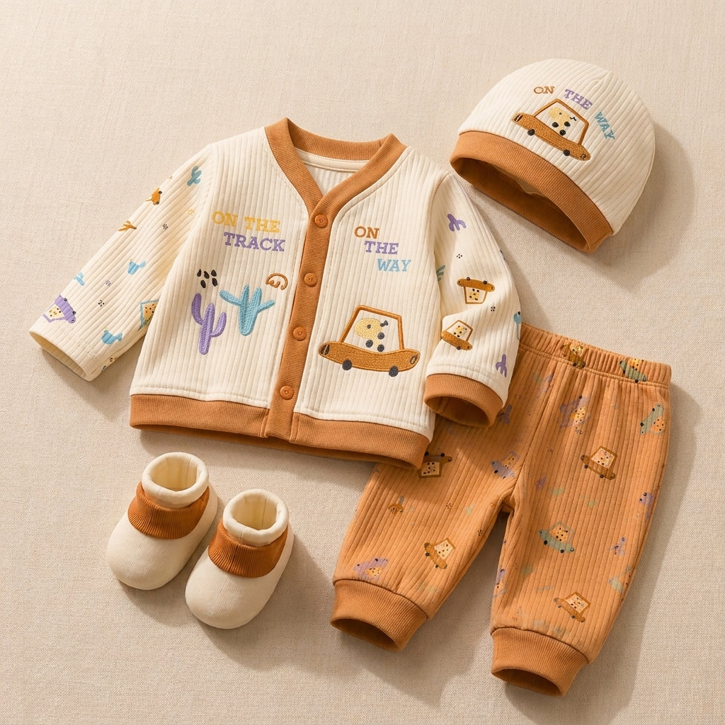 4-Piece Newborn Baby Ribbed Cotton Set, Safari Car Top, Joggers, Cap & Booties