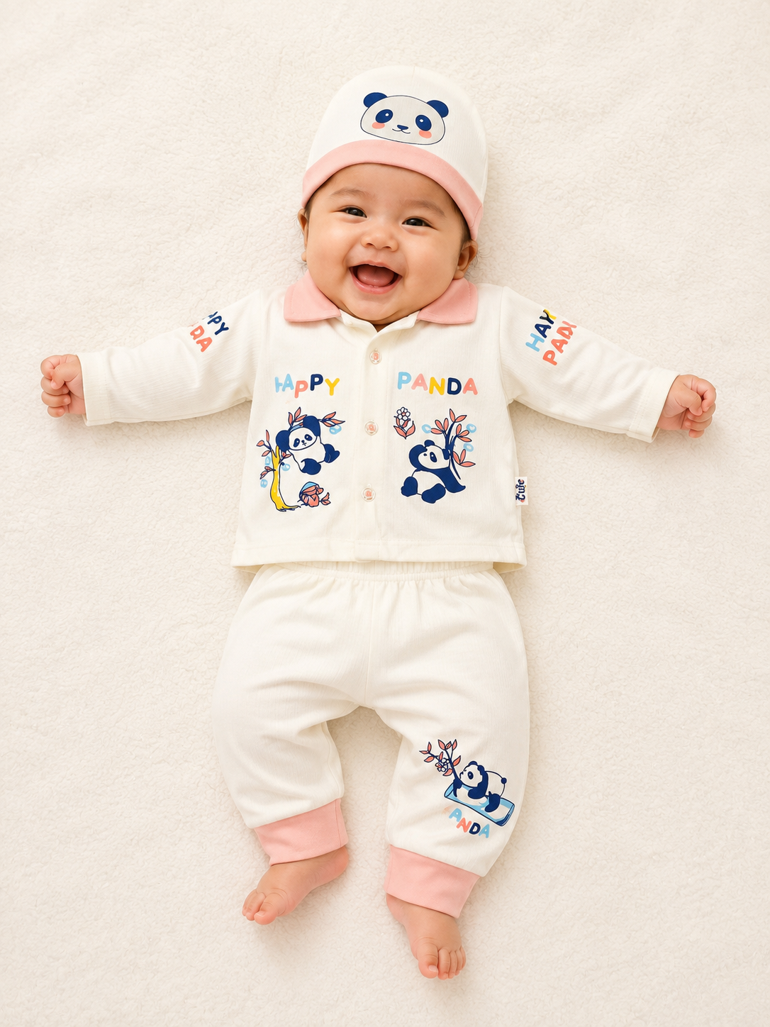 Newborn Baby 3-Piece Outfit Set: 'Happy Panda' Collared Shirt Top, Pants & Matching Beanie Cap