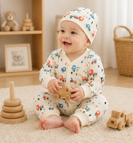 Newborn Baby Boy 3-Piece Outfit Set: Truck Print Waffle Knit Cardigan, Pants & Beanie Cap