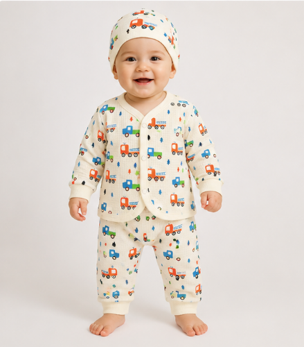 Newborn Baby Boy 3-Piece Outfit Set: Truck Print Waffle Knit Cardigan, Pants & Beanie Cap