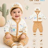 4-Piece Newborn Baby Ribbed Cotton Set, Safari Car Top, Joggers, Cap & Booties