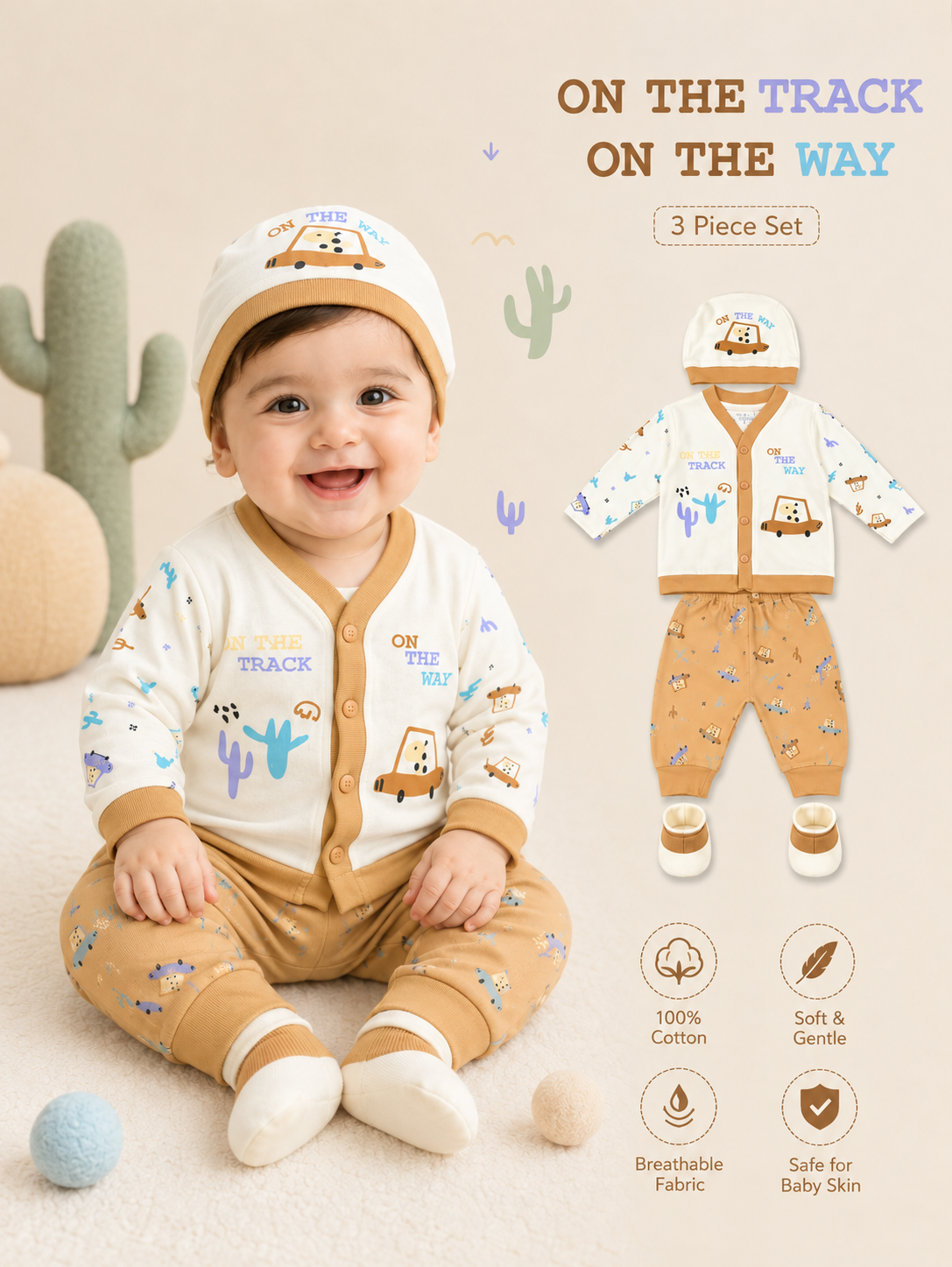 4-Piece Newborn Baby Ribbed Cotton Set, Safari Car Top, Joggers, Cap & Booties