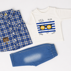 Baby 3-Piece Shirt Set – Blue Check Shirt, White Full-Sleeve Tee & Denim Jogger | 0–18M