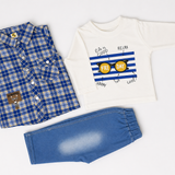 Baby Boys 3-Piece Check Shirt Set – Full-Sleeve Tee & Denim Jogger | 0–12 Months