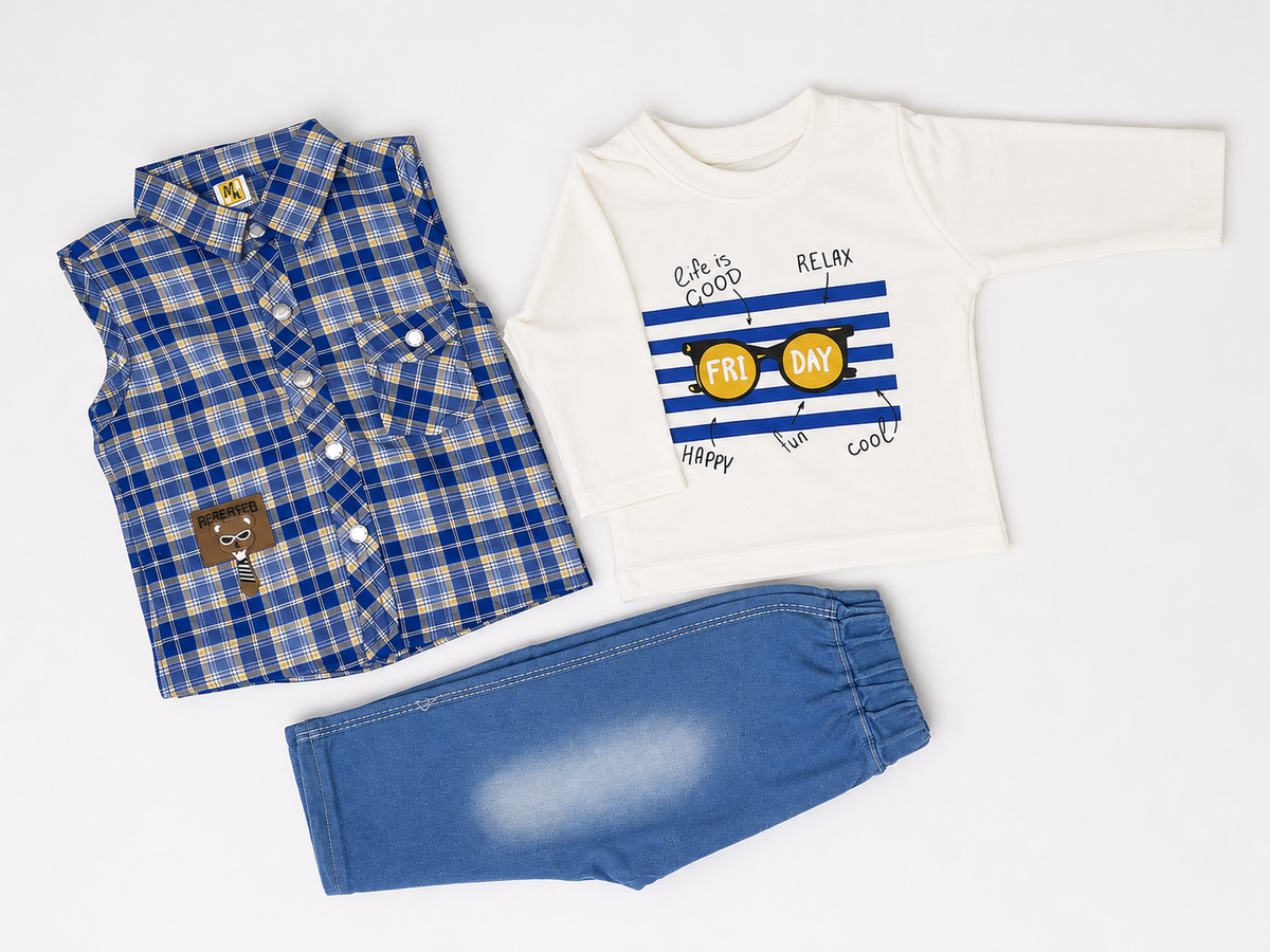 Baby 3-Piece Shirt Set – Blue Check Shirt, White Full-Sleeve Tee & Denim Jogger | 0–18M