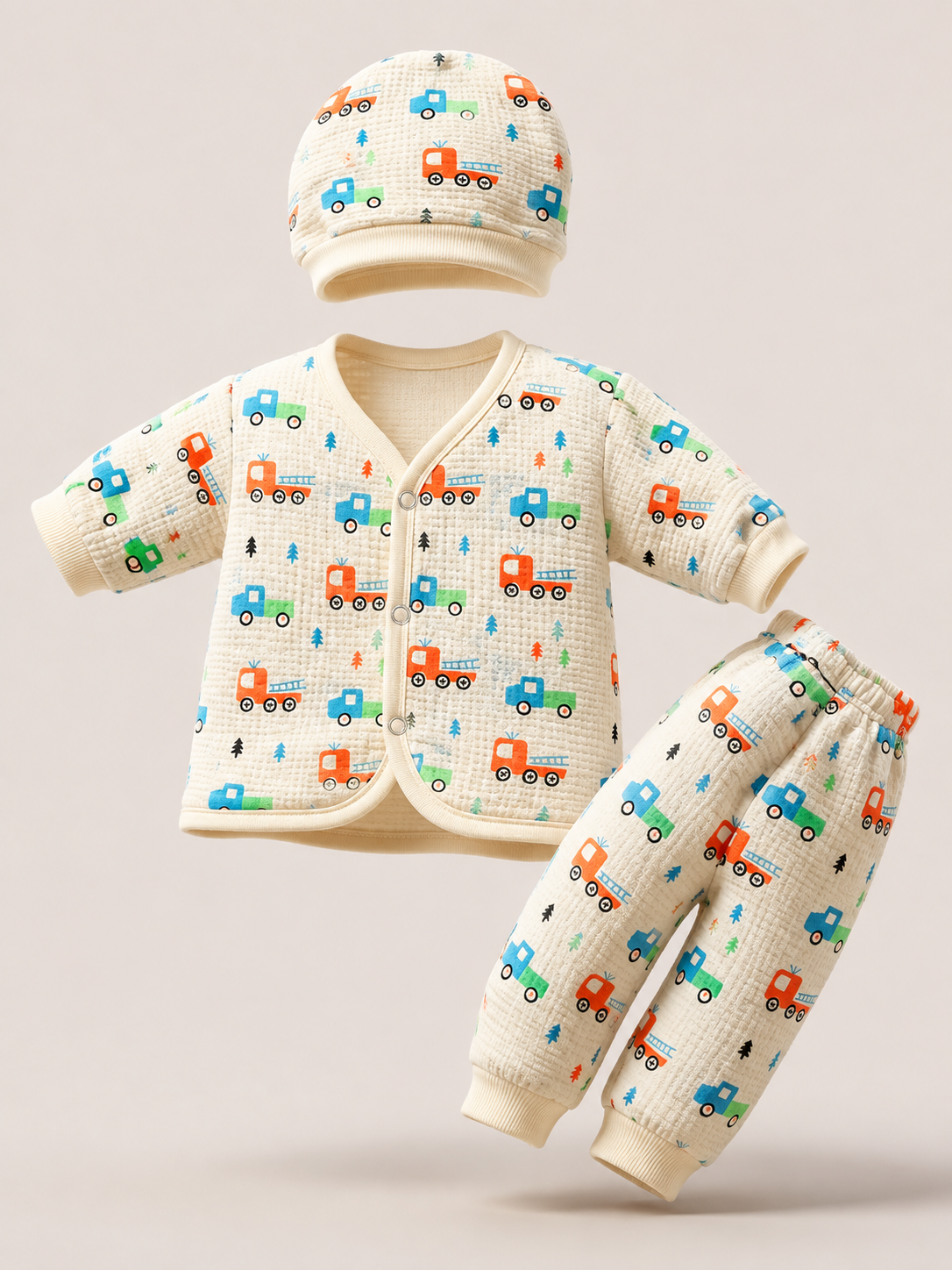 Newborn Baby Boy 3-Piece Outfit Set: Truck Print Waffle Knit Cardigan, Pants & Beanie Cap