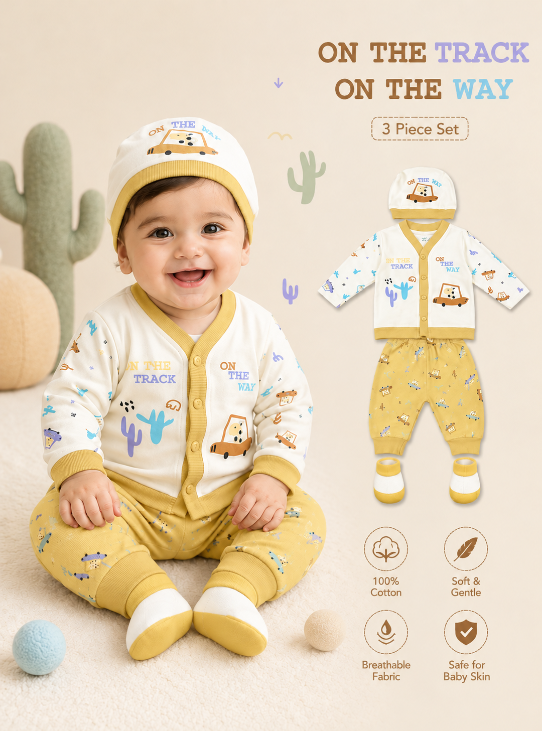4-Piece Newborn Baby Ribbed Cotton Set, Safari Car Top, Joggers, Cap & Booties