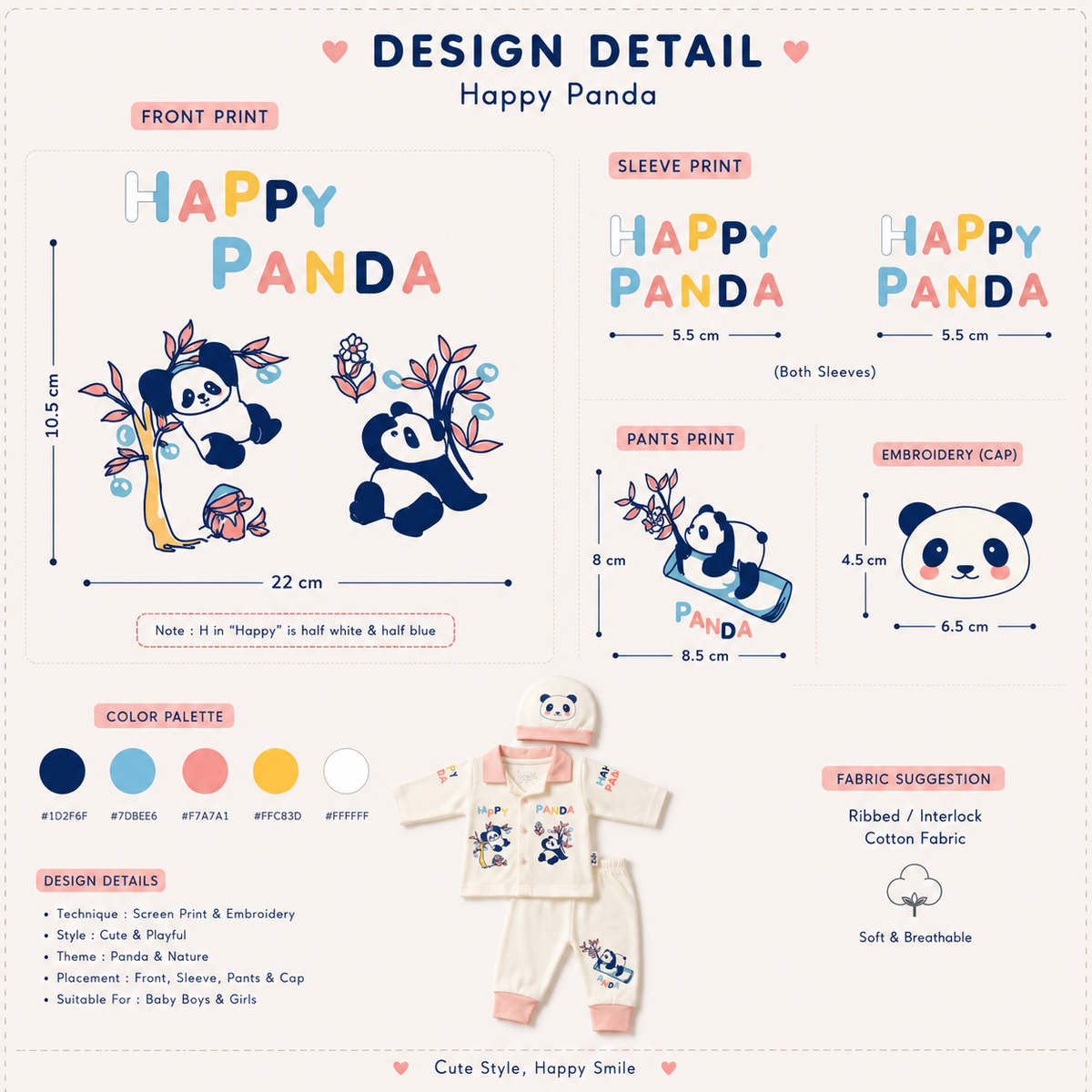Newborn Baby 3-Piece Outfit Set: 'Happy Panda' Collared Shirt Top, Pants & Matching Beanie Cap