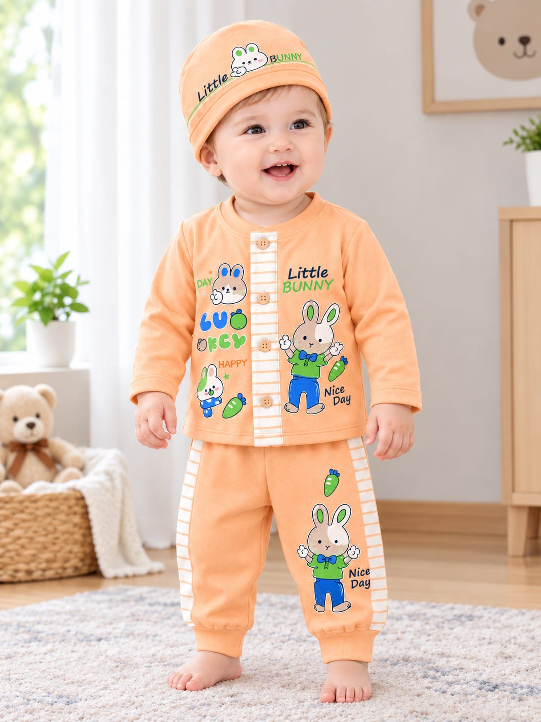 Little Bunny Baby 3-Piece Set – Cotton Full-Sleeve Shirt, Jogger & Cap | 0–6 Months