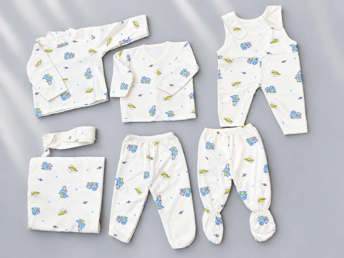 Newborn Baby 7-Piece Cotton Jersey Set – Space Print Shirt, Pants & Cap
