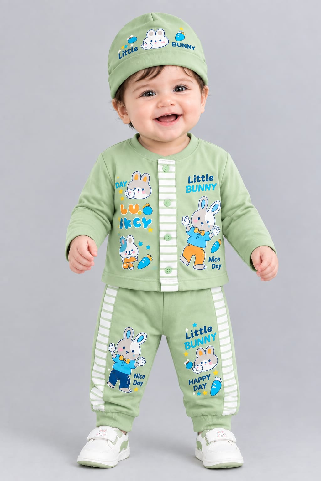Little Bunny Baby 3-Piece Set – Cotton Full-Sleeve Shirt, Jogger & Cap | 0–6 Months