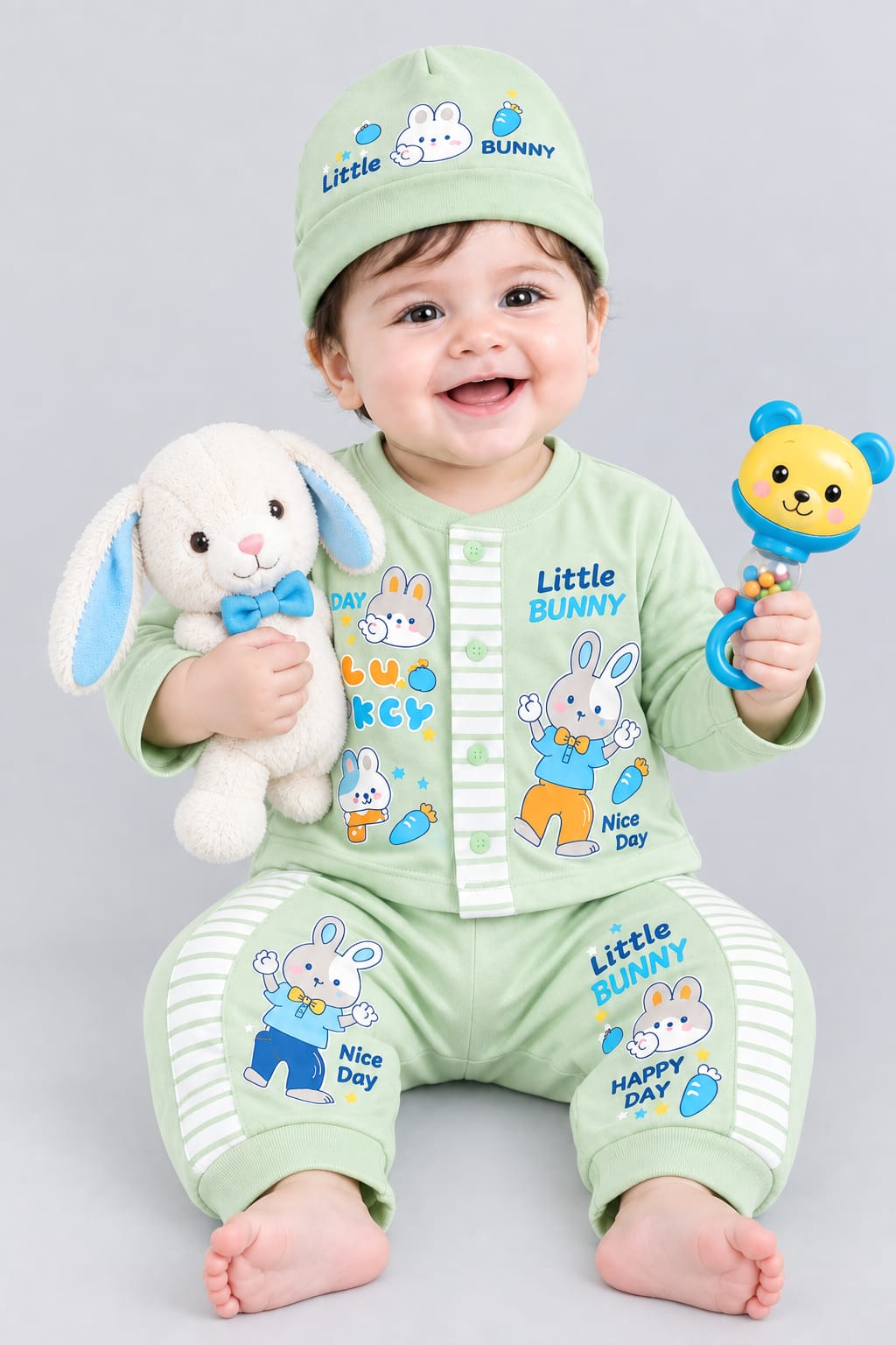 Little Bunny Baby 3-Piece Set – Cotton Full-Sleeve Shirt, Jogger & Cap | 0–6 Months