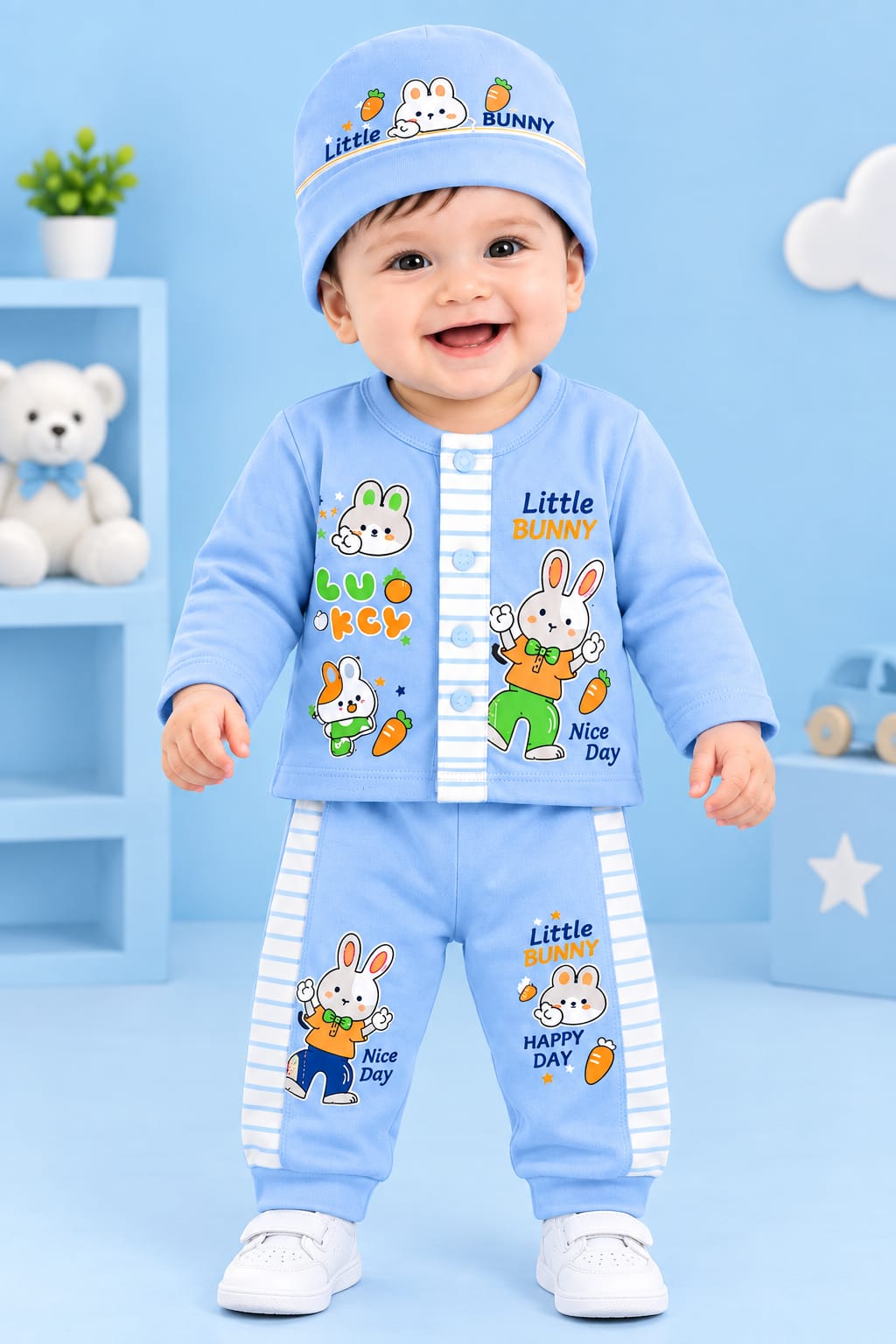 Little Bunny Baby 3-Piece Set – Cotton Full-Sleeve Shirt, Jogger & Cap | 0–6 Months